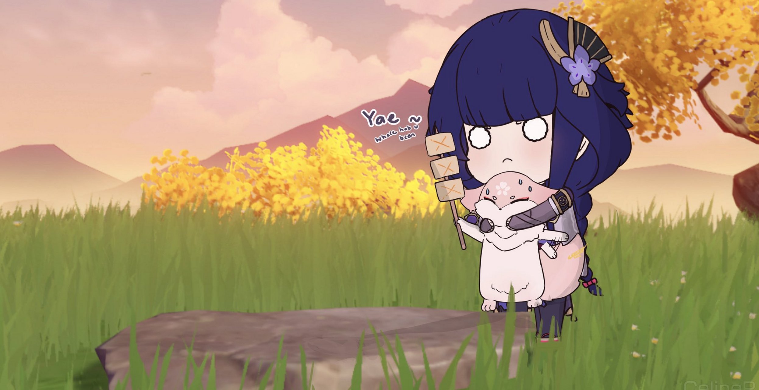 雷电将军:"还是屑狐狸对俺好～"  来自画师celinep #原神