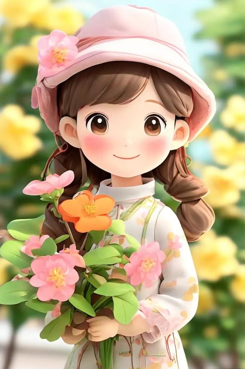 春日花园里,女孩手捧鲜花,笑容甜美