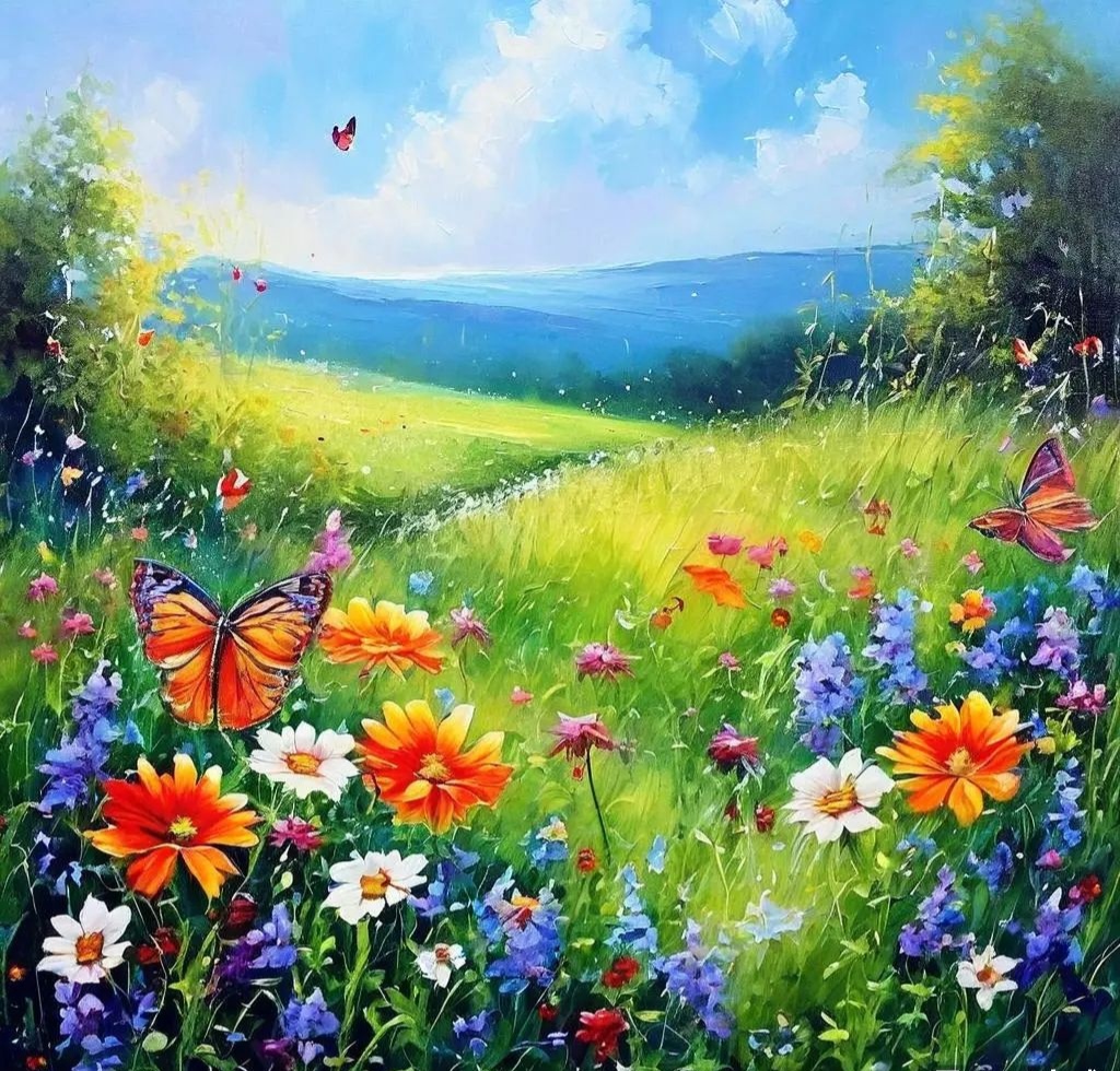 草地之上,花朵竞相开放,似天地间的调色盘,斑斓而热烈.