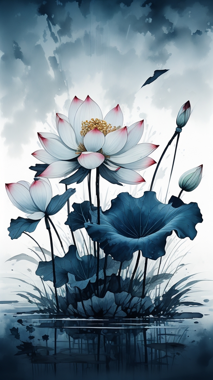 四周,荷叶如盖,深蓝如夜,与荷花相映成趣,如梦如幻.