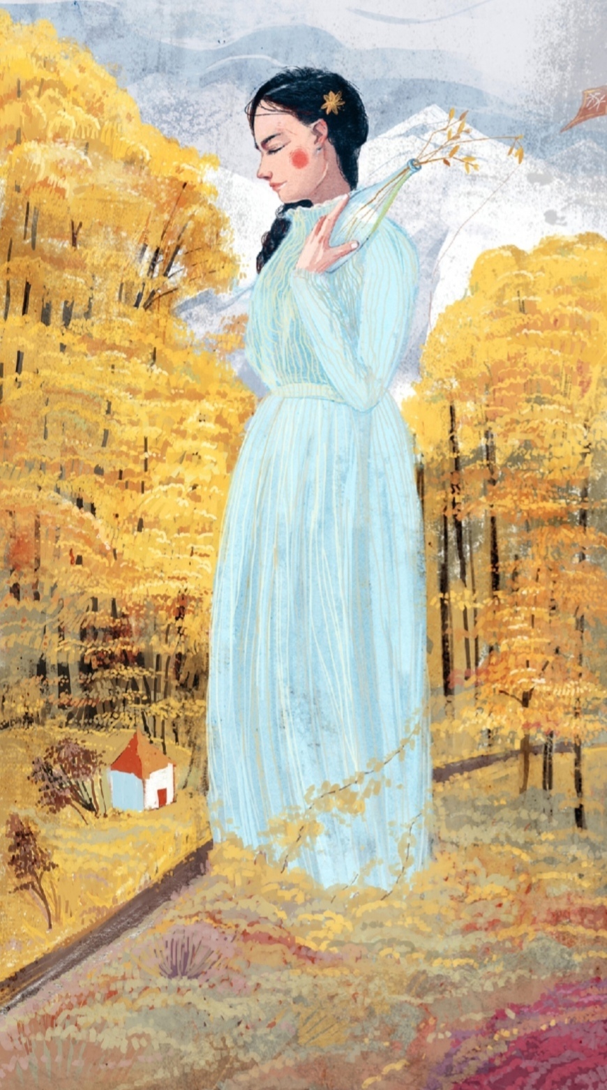 淡蓝长裙的女子,静立于秋之森林,如一首未完的诗篇