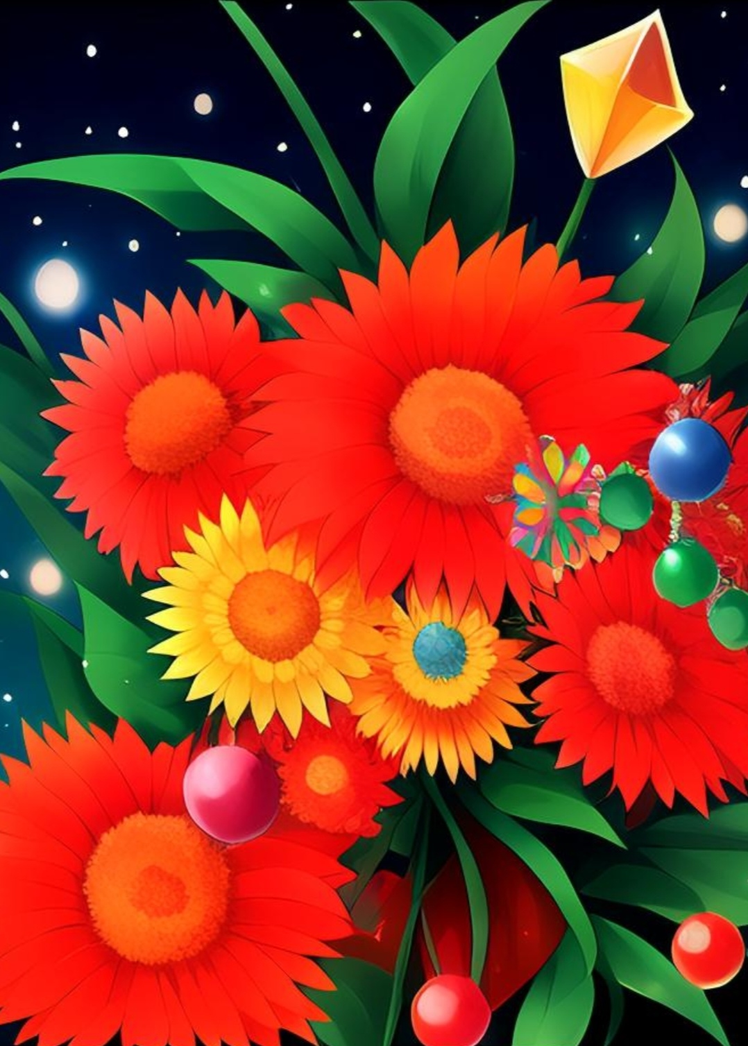 看这色彩斑斓的插花,红色的向日葵,黄色的太阳花,绿色的草,仿佛是大