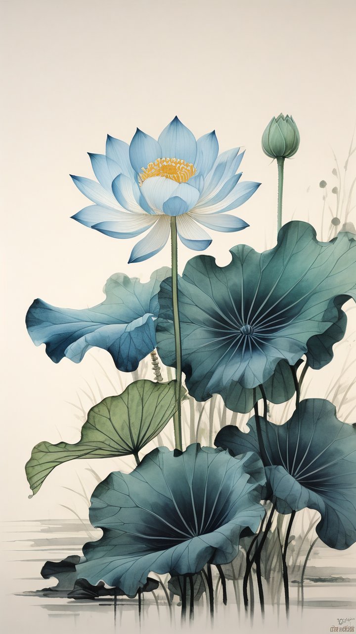 蓝色荷花在淡雅的水墨世界里盛开,如同一曲未竟的高歌,诉说着古人的