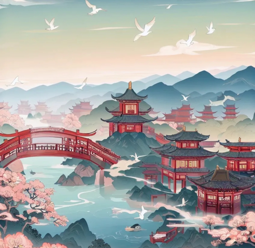 哇,这幅画简直美翻了,亭台楼阁,小桥流水,还有那飞