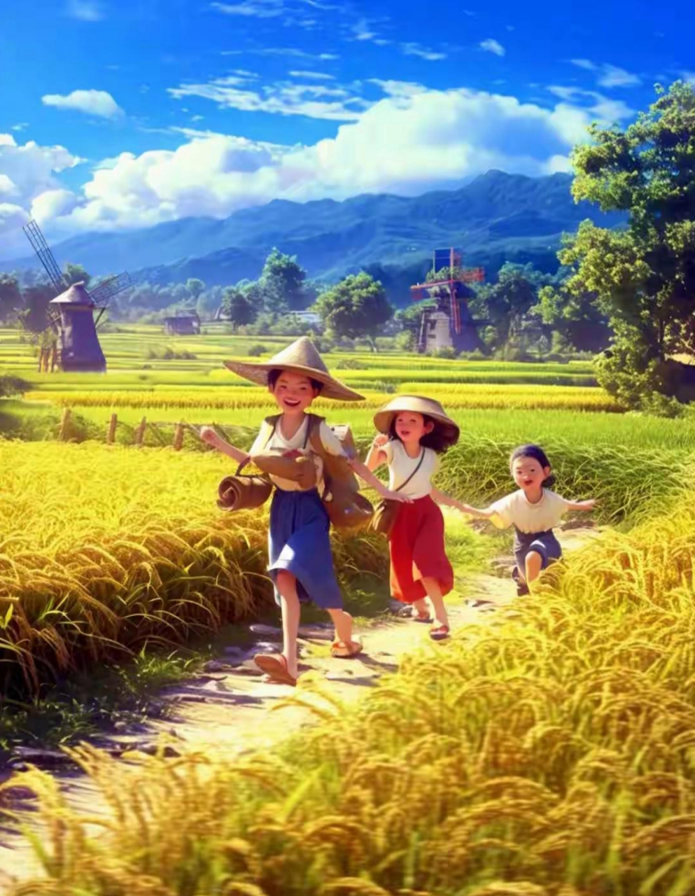 儿时回忆•童趣 稻田玩耍忆儿时,风车下面嬉游戏