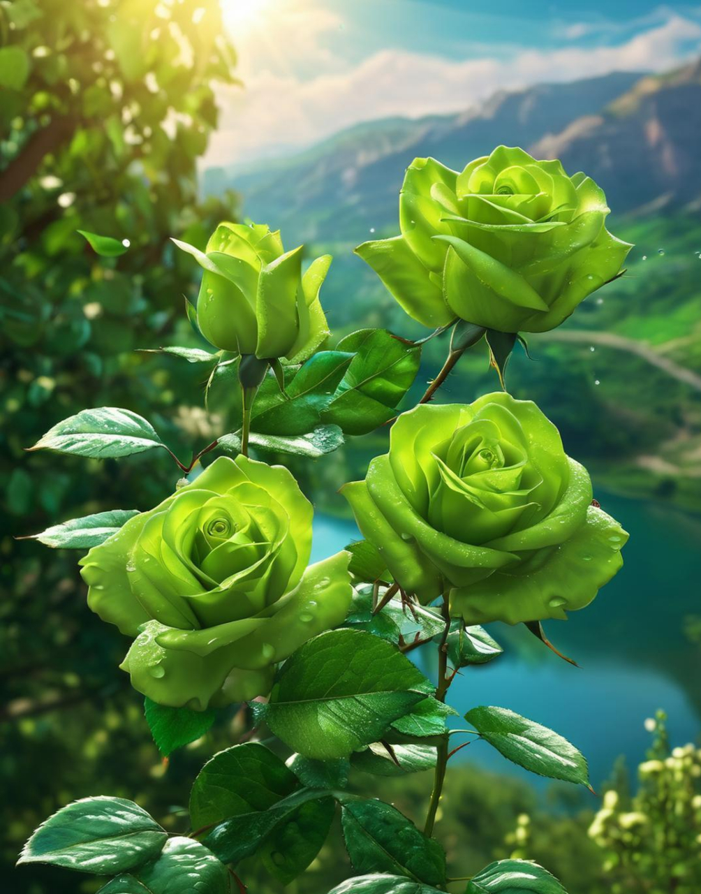 绿色玫瑰61魅力展现 翠绿玫瑰花丛中,花瓣细腻沾露珠.