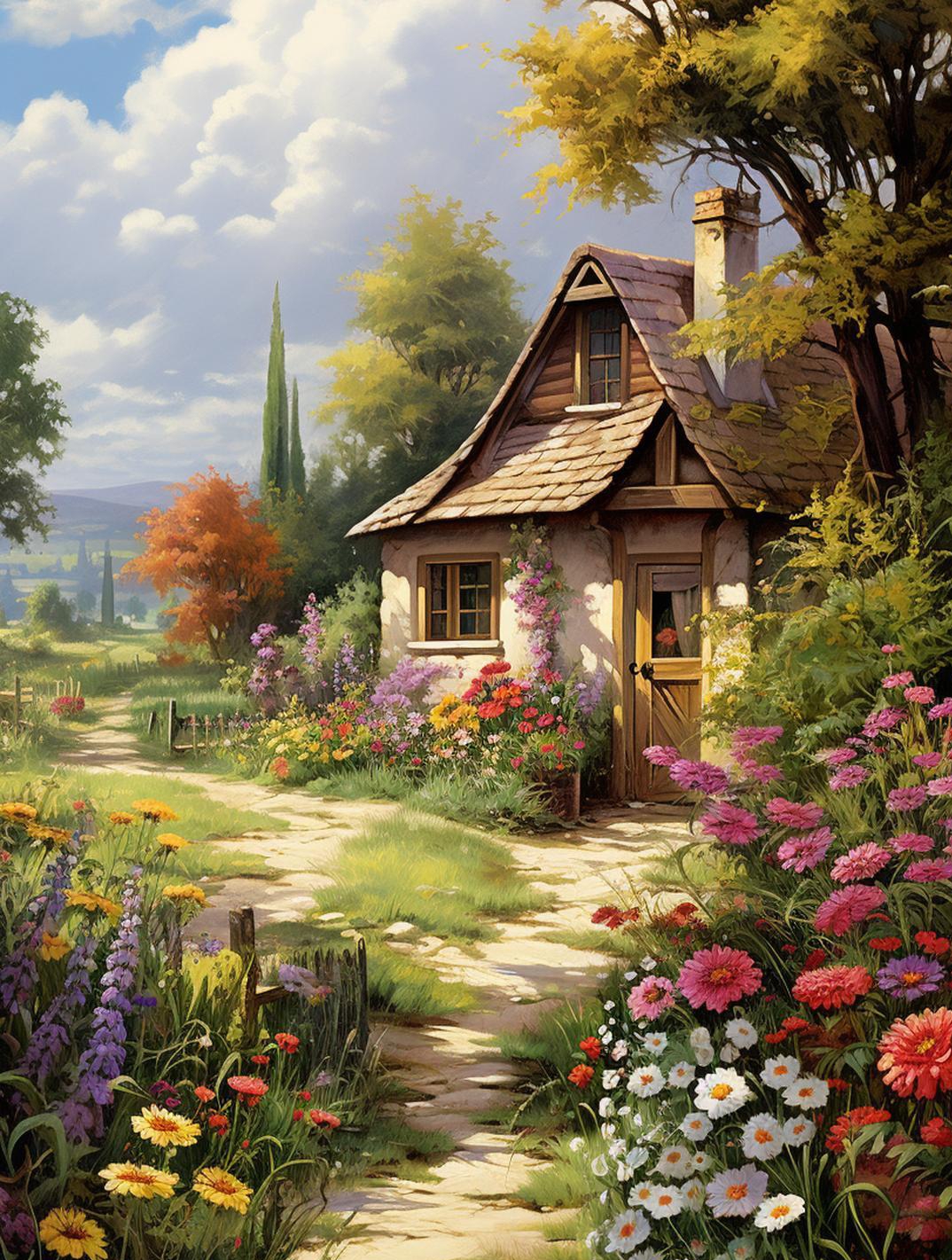 田园梦境诗画意 红屋顶白墙小屋,五颜六色花海中