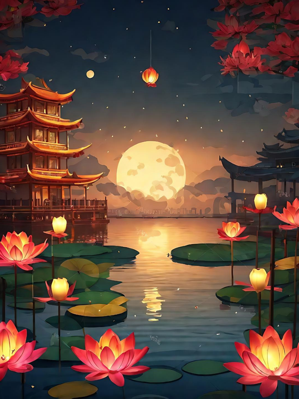 大红灯笼61高高挂 明月灯笼挂天空,灯心通明月相送.