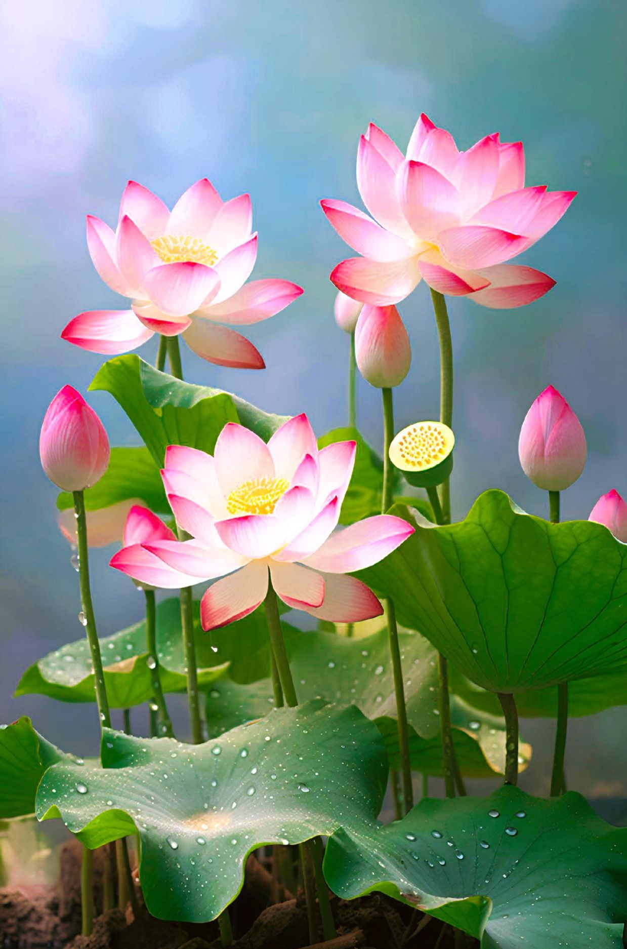 莲花绽放阳光照,清新芬芳泥土间