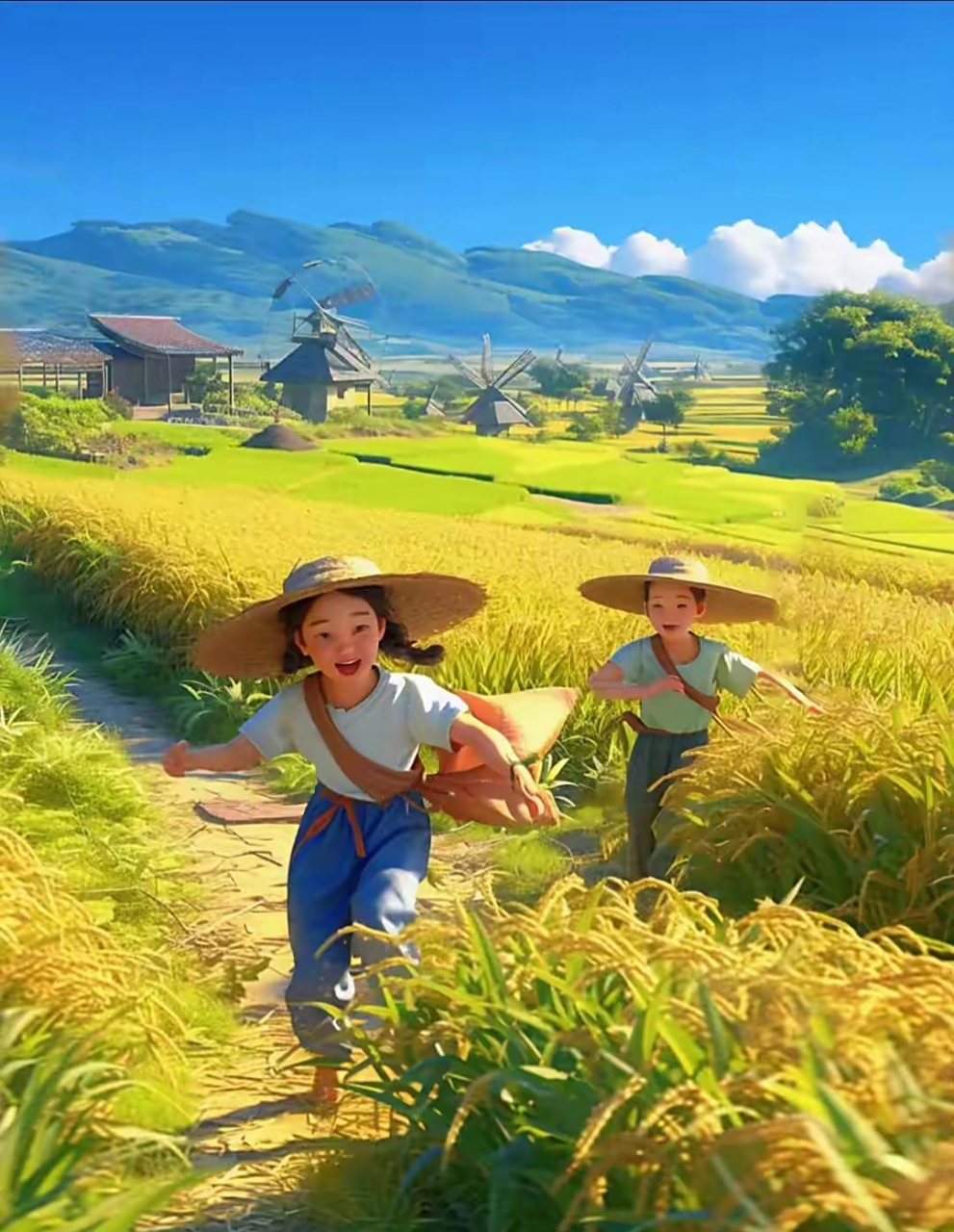 儿时回忆•童趣 稻田玩耍忆儿时,风车下面嬉游戏
