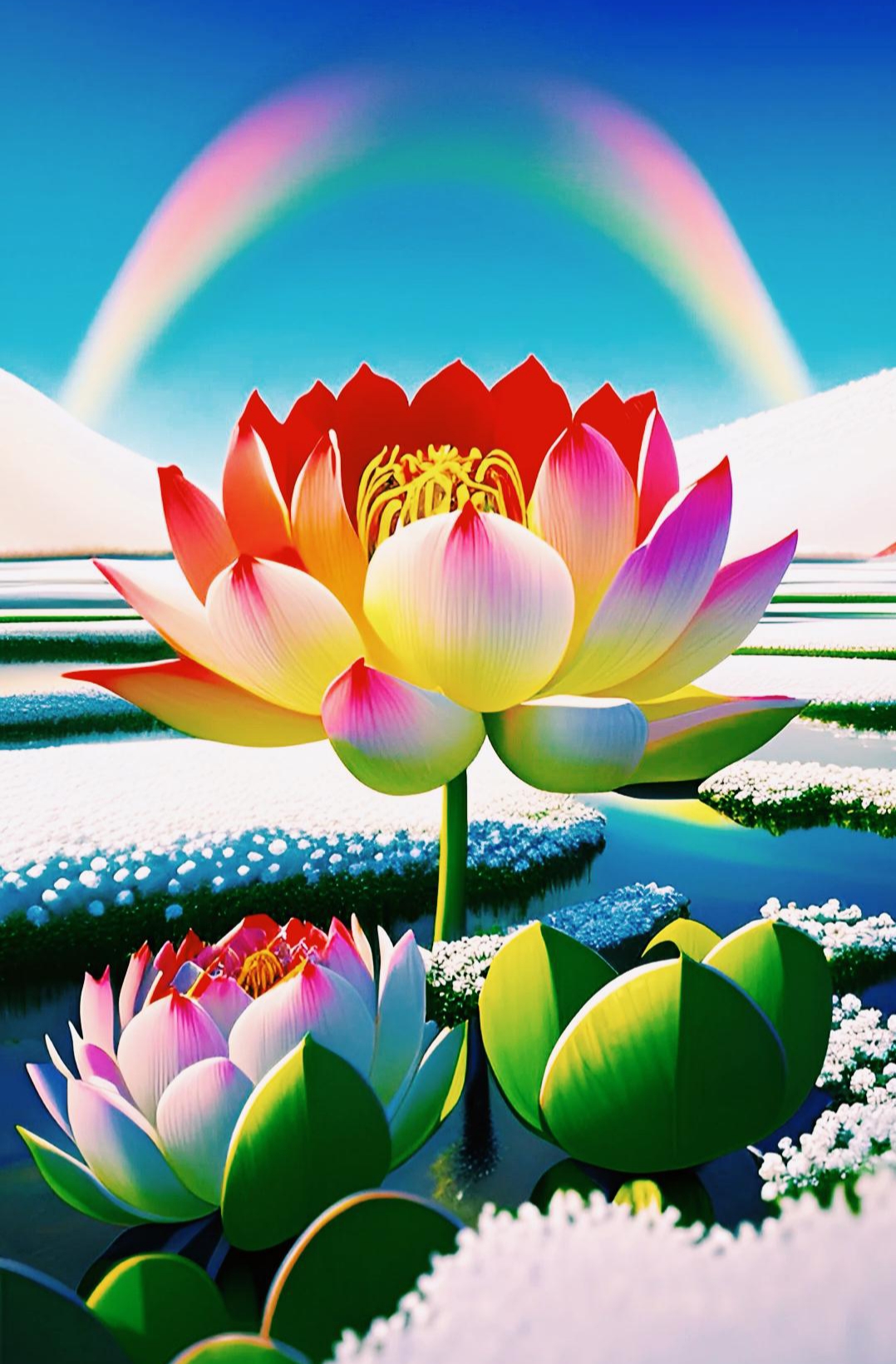 五光十色荷颜悦色 绚丽彩虹照莲花,一抹嫣红静绽放