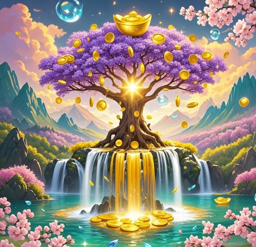 金光闪闪摇钱树 瀑布周身摇钱树,金光闪闪似梦幻