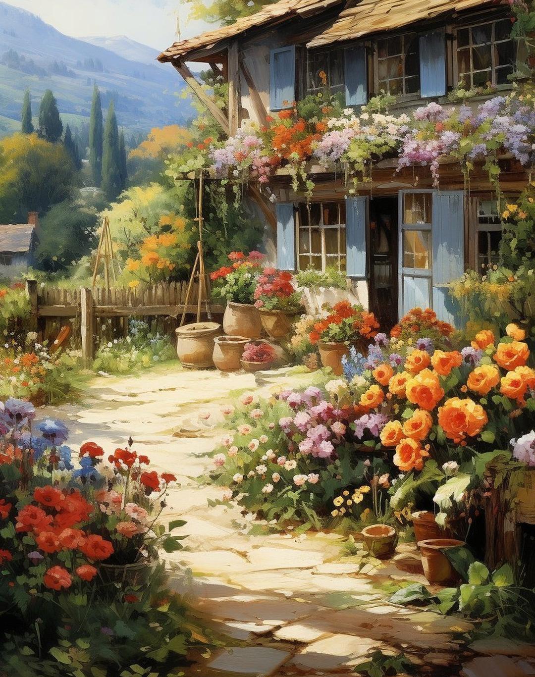 田园梦境诗画意 红屋顶白墙小屋,五颜六色花海中