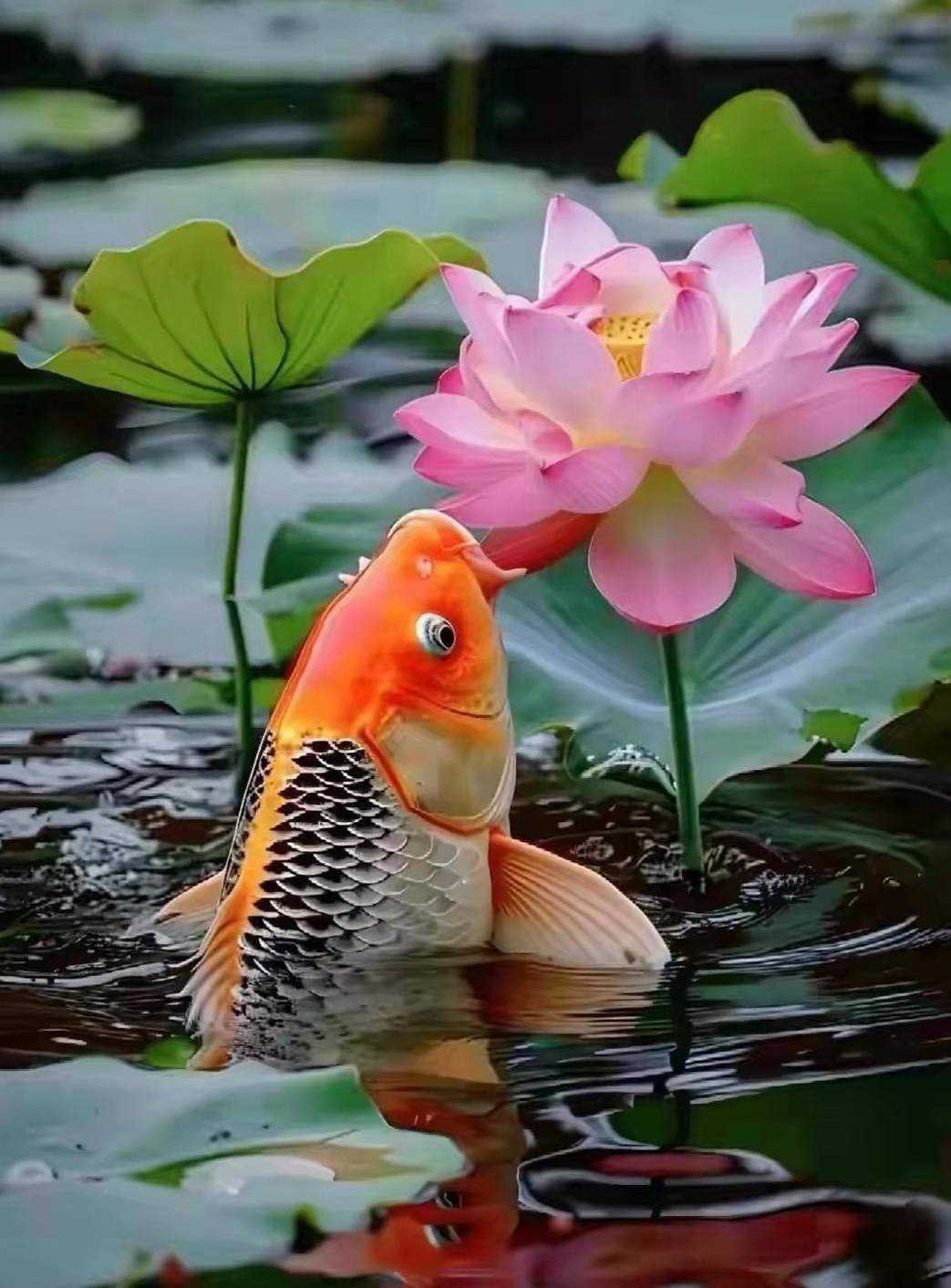 [鲜花]早安福[鲜花] 池塘荷花锦鲤跳,悠然自得荷相伴.
