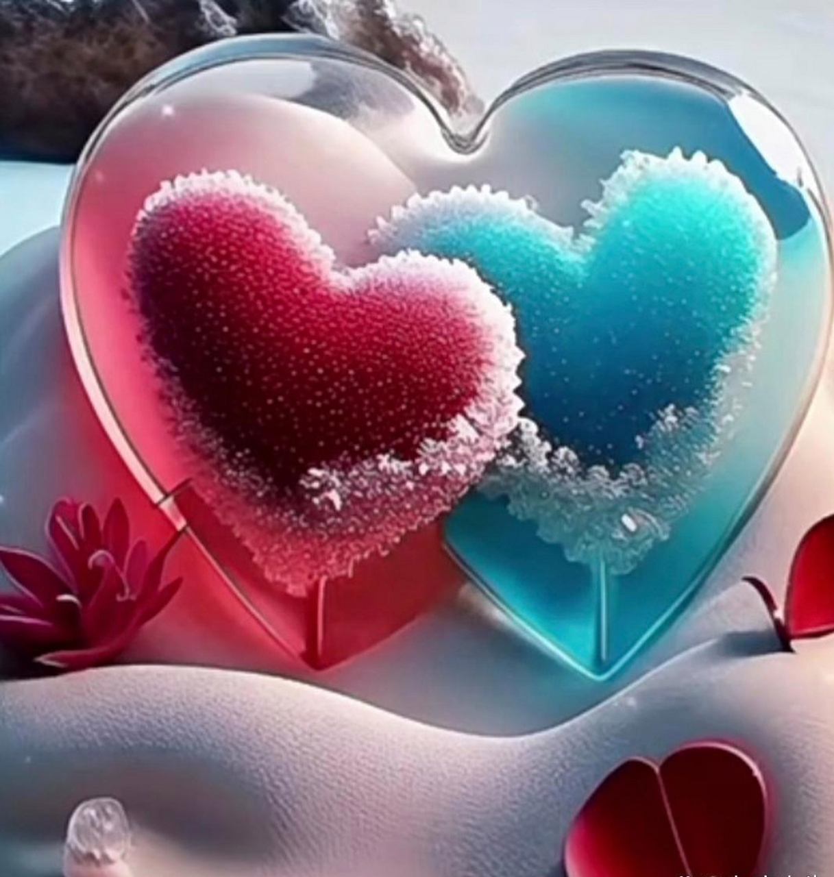 双心相遇61浪漫起航 晶莹剔透心相印,一红一蓝相交融.