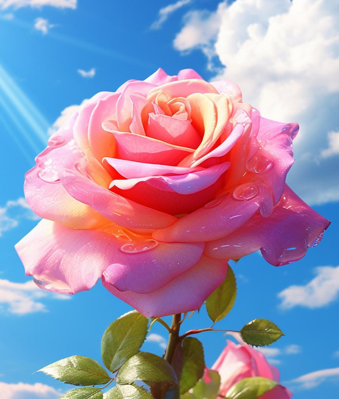 玫瑰花真美!晴朗蓝天白云飘. 露水晶莹如珍珠,清新美丽花丛中.