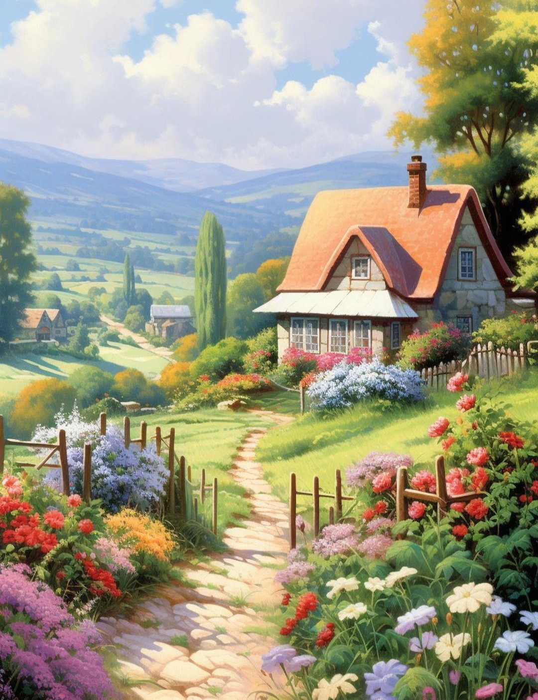 田园梦境诗画意 红屋顶白墙小屋,五颜六色花海中