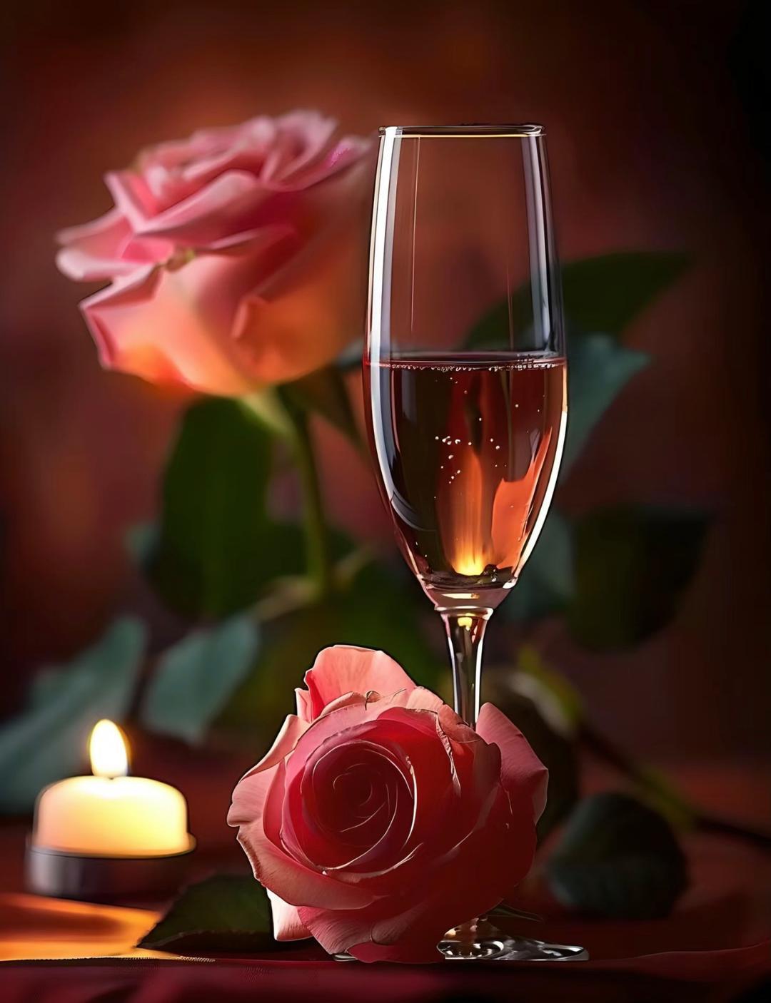 酒不醉人人自醉 高脚酒杯思意浓,点燃蜡烛光辉映