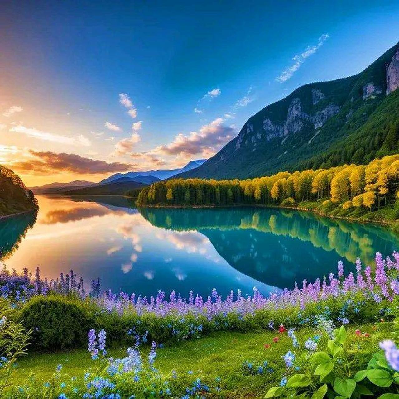 湖畔美景61山花争艳 静谧湖畔阳光照,美景照亮眼神经.