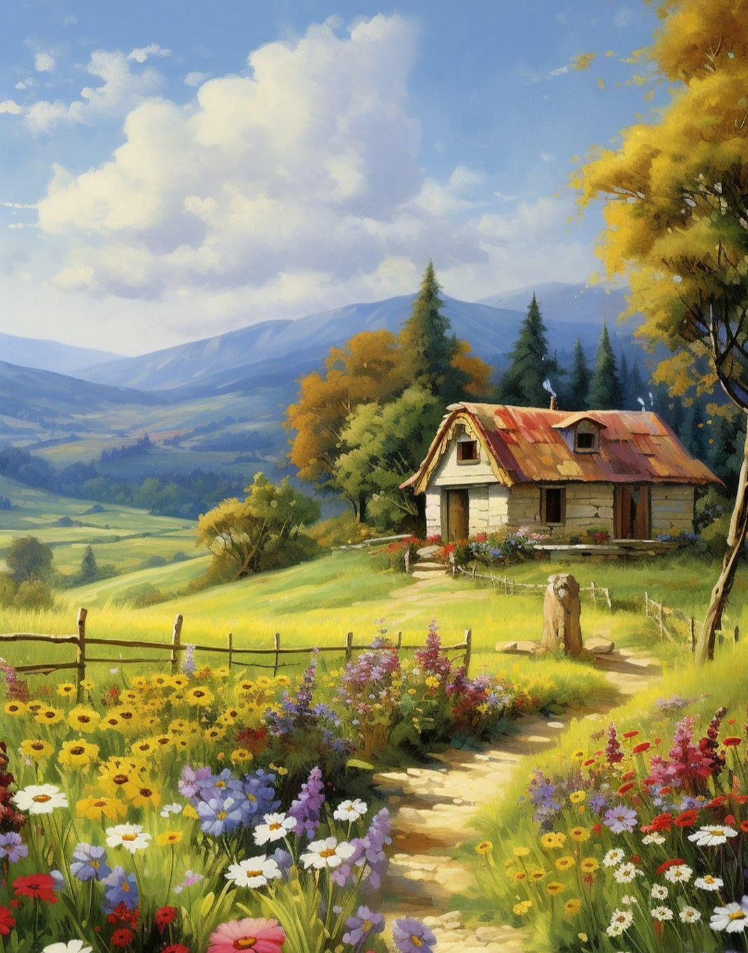 田园梦境诗画意 红屋顶白墙小屋,五颜六色花海中