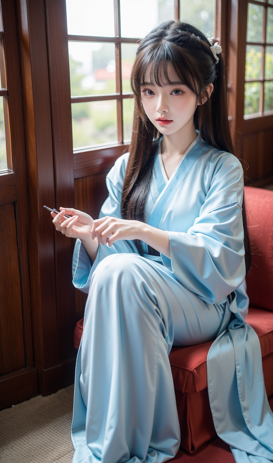 0915在这张沙发上,坐着一位身着蓝色汉服的女性