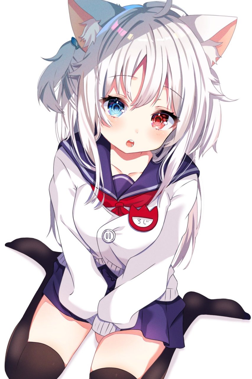 白发,异瞳,黑丝,水手服猫娘#二次元美图#  画师:rojineco nene