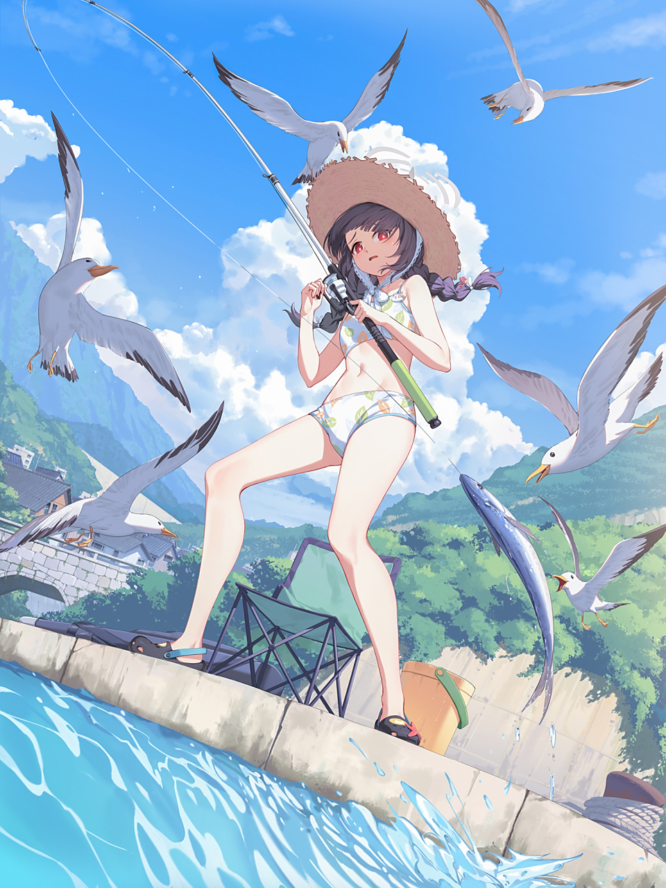 好消息:鱼钓到了 坏消息:海鸥来了#二次元美图#  画师:nian pixiv