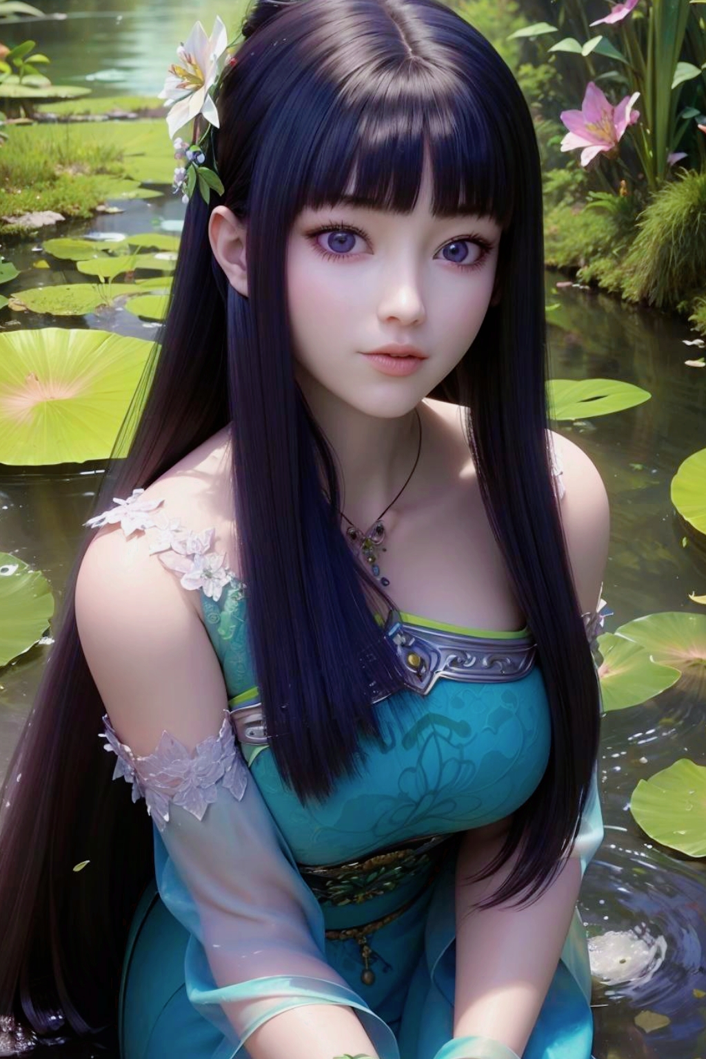 ai绘画美女写真# #国漫# #二次元杂谈研究员#  "林水瑶站在池塘边