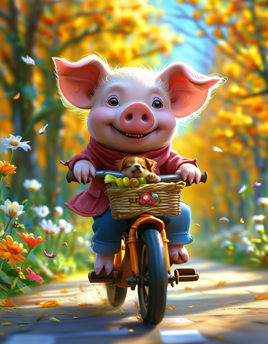 小猪骑车去野餐,阳光洒满回家路.#动态流量挑战赛