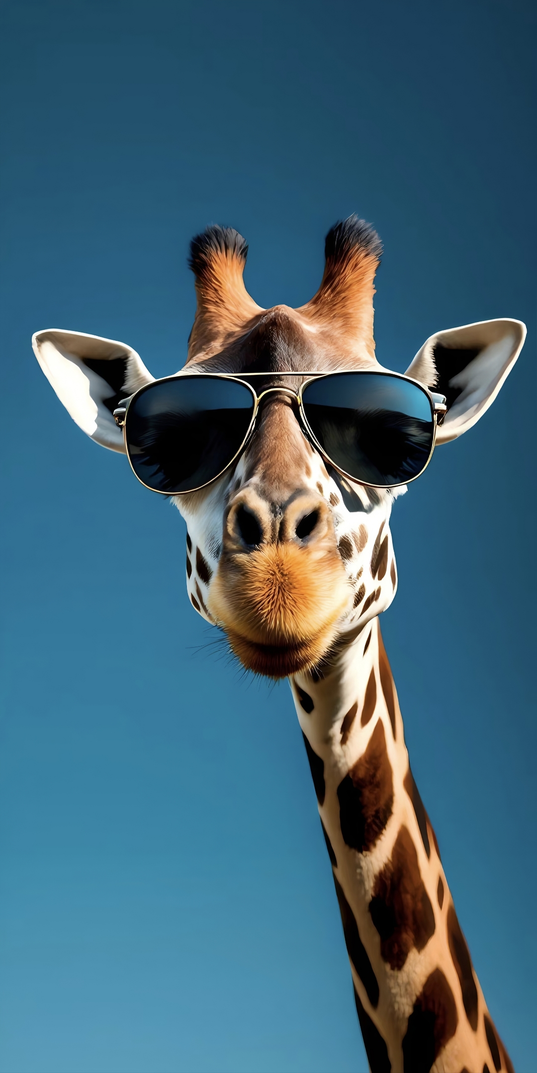 动物世界 酷炫长颈鹿,墨镜遮眼显神秘,蓝天做背景,时尚