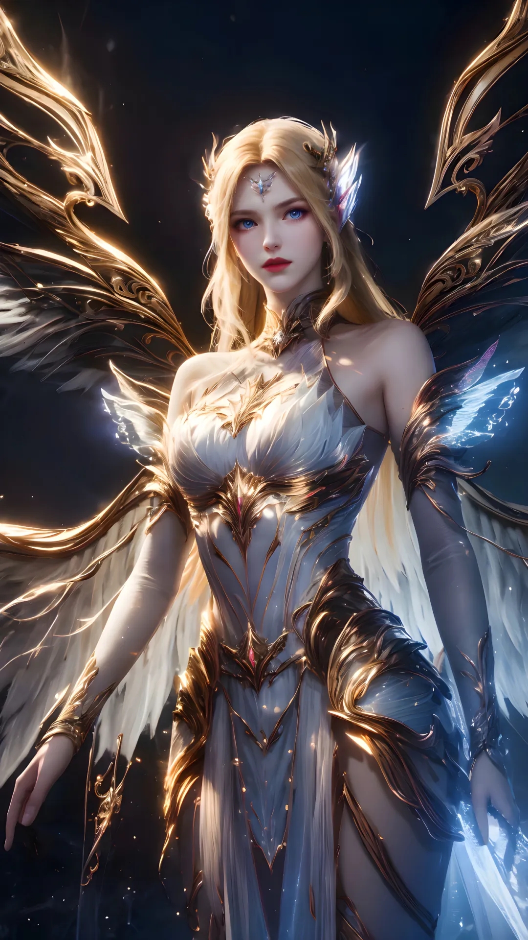 像这位金发碧眼的天使一样,淡紫色的连衣裙,金色的光环,翅膀和权杖,每