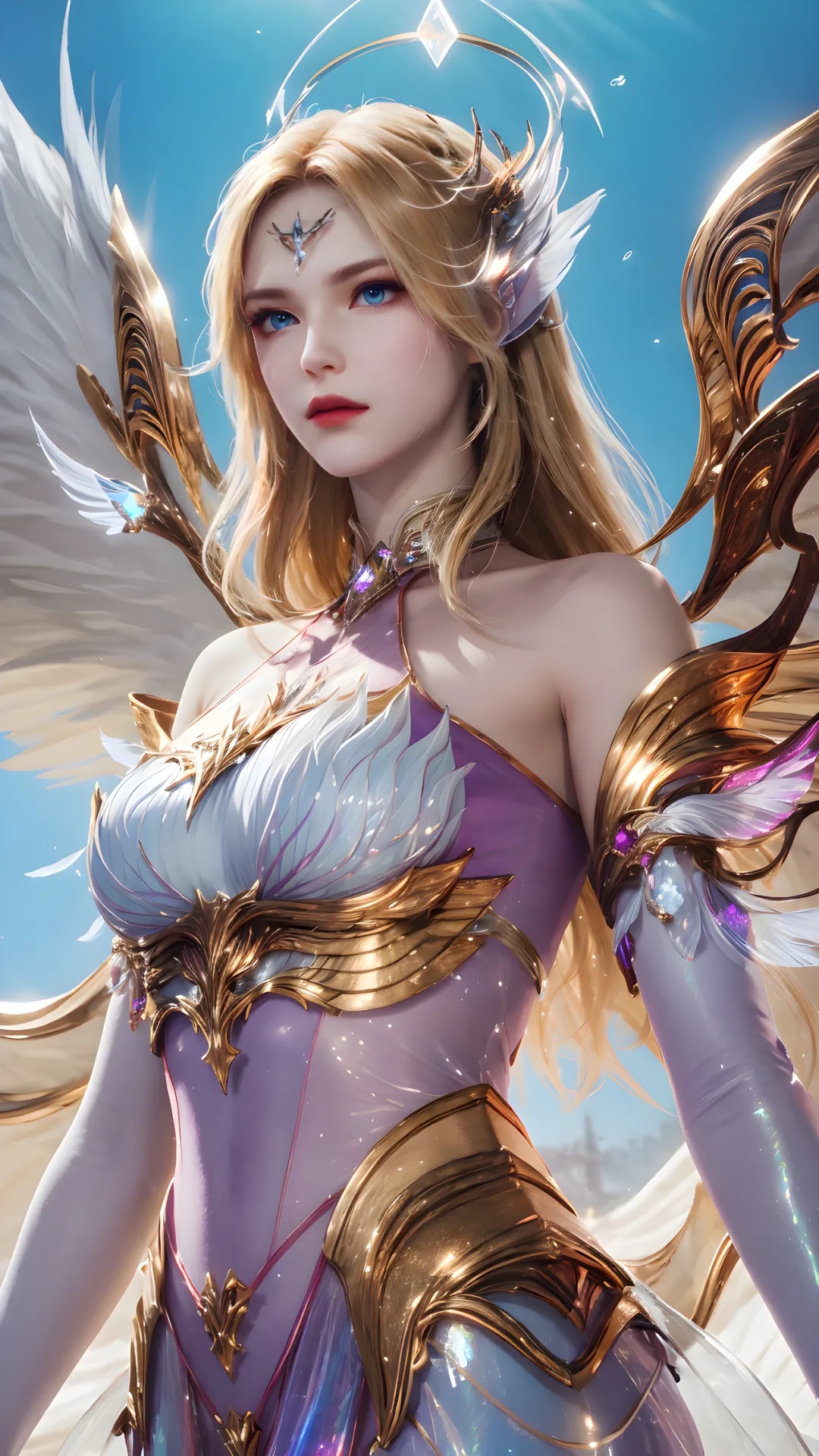 像这位金发碧眼的天使一样,淡紫色的连衣裙,金色的光环,翅膀和权杖,每