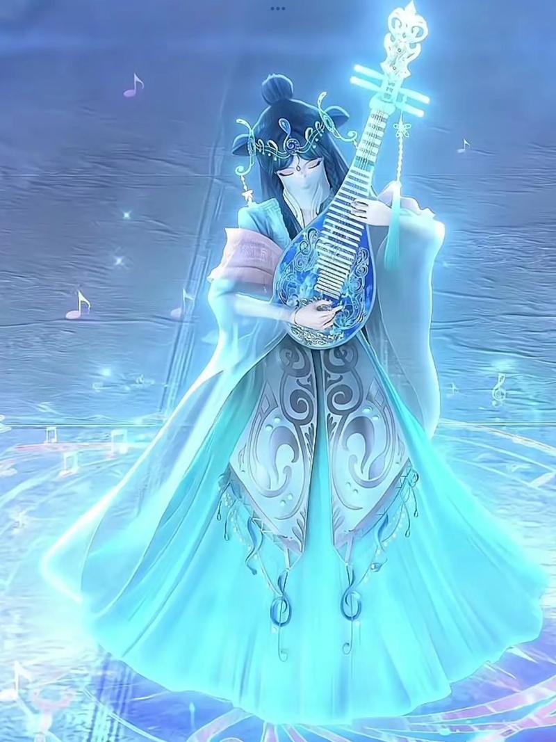 仙女小姐姐弹奏着梦幻的蓝色竖琴,美得就像一幅画.
