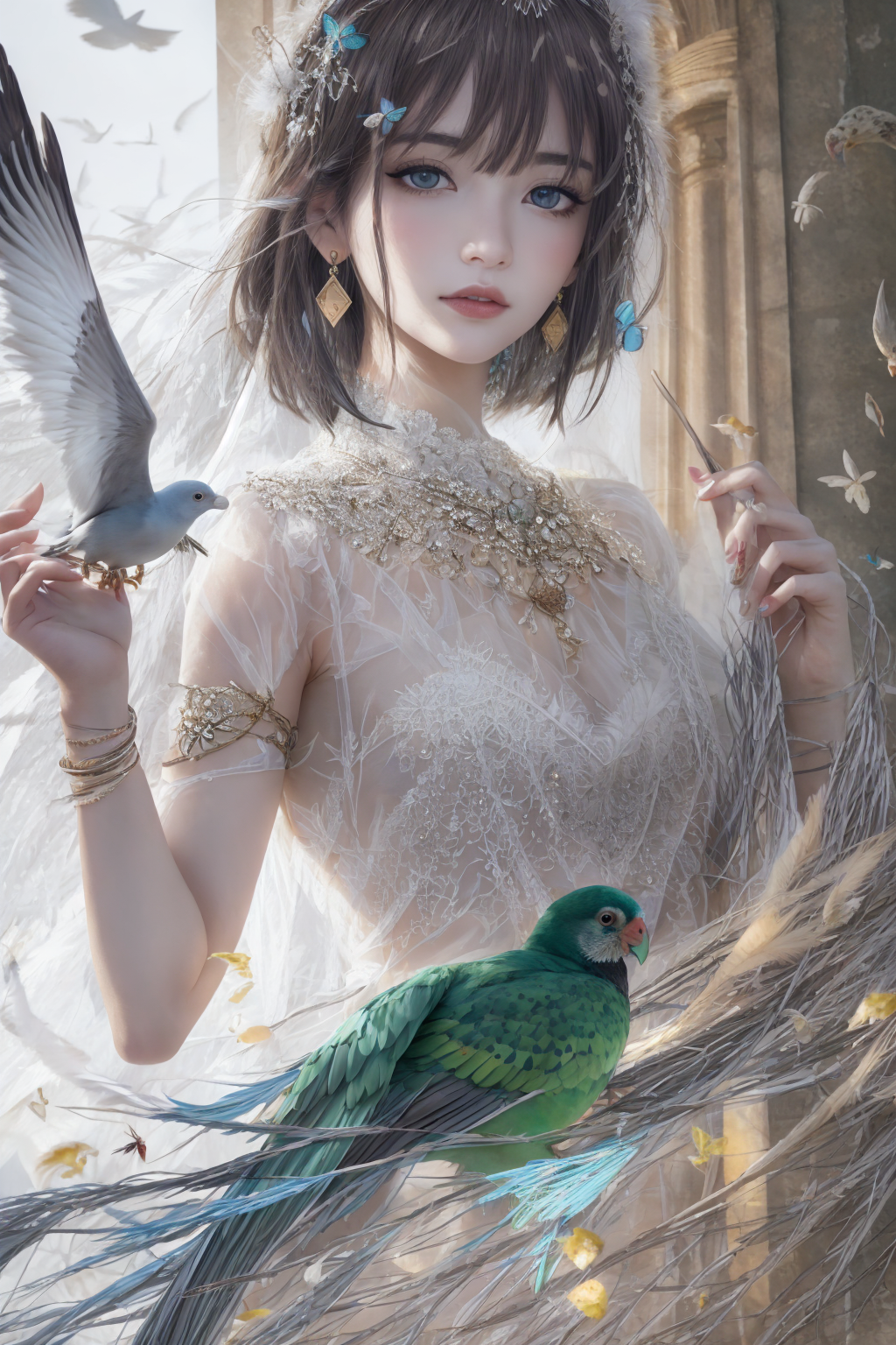 蓝发蓝眸少女姿,  白裙飘逸若云丝.