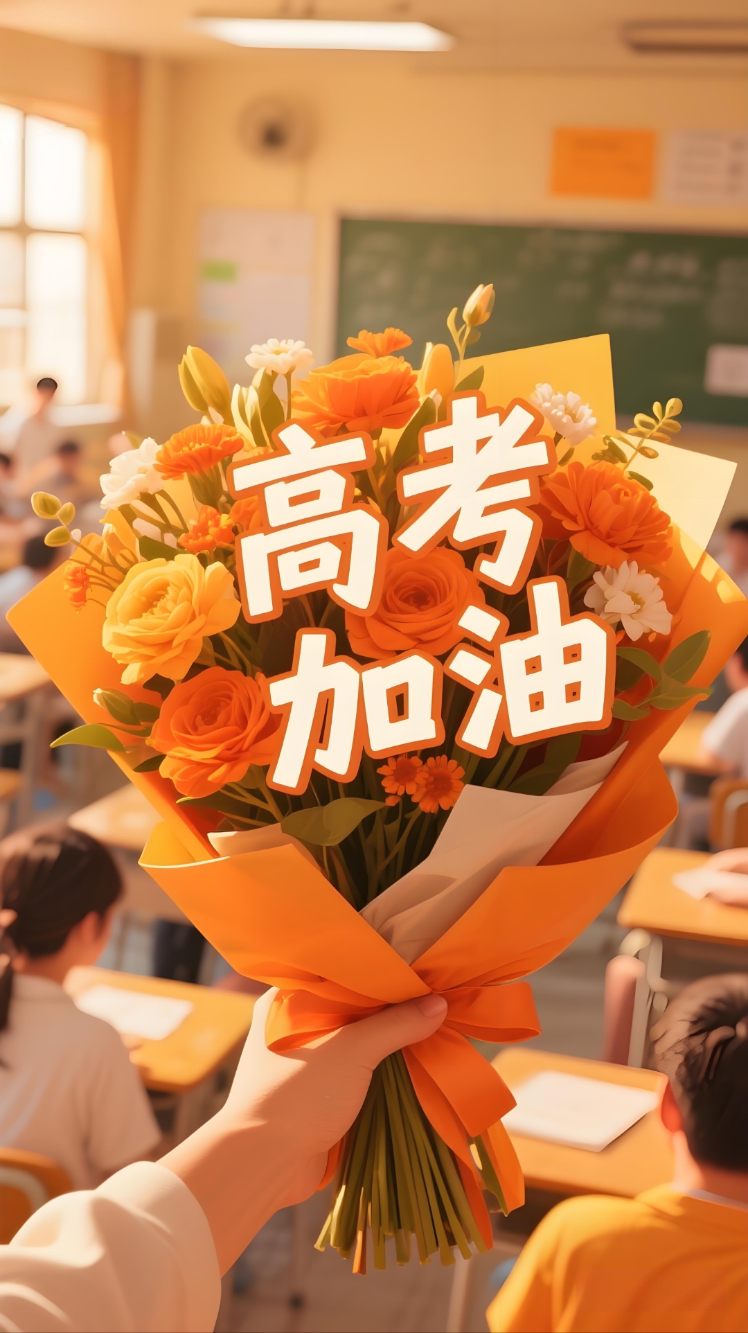 早安,愿每位学子都能考出好成绩,高考加油,一束橙色花朵传递着满满的