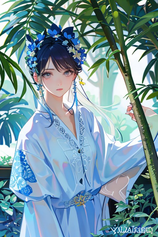 变身动漫角色#  竹间倩影  青丝如瀑,一袭蓝裳的女子,静立于翠竹峙栽