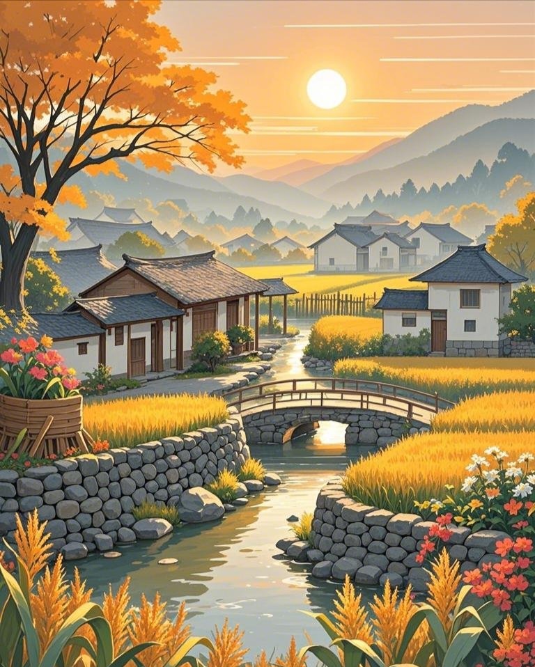 秋天到了,稻田金黄,小桥流水,炊烟袅袅,好一幅乡村画卷