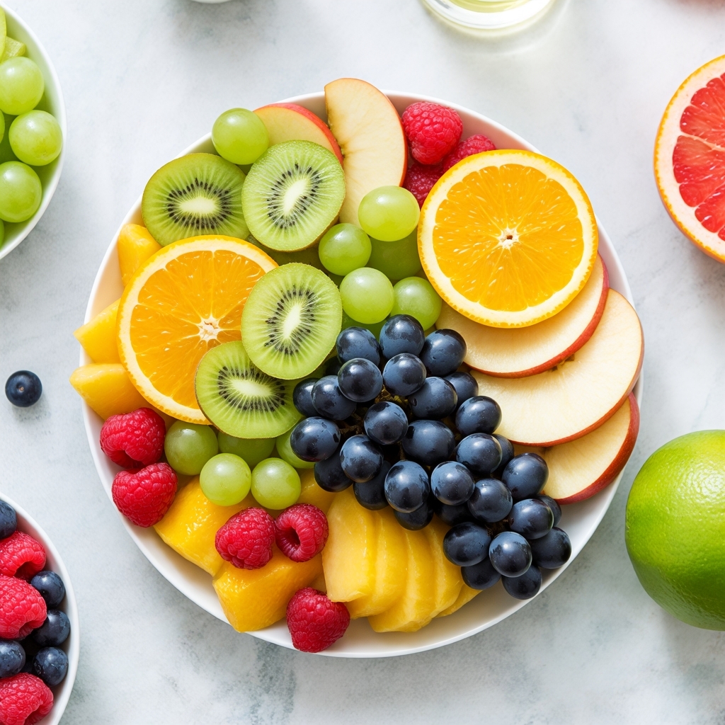 阳光透过玻璃窗洒在餐桌上,这盘夏日水果拼盘仿佛打翻了调色盘