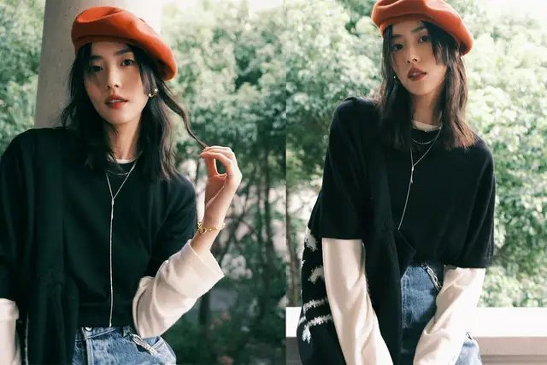 刘雯真的好美,头戴贝雷帽,黑白叠穿搭配牛仔裤,知性优雅的秋日少女!