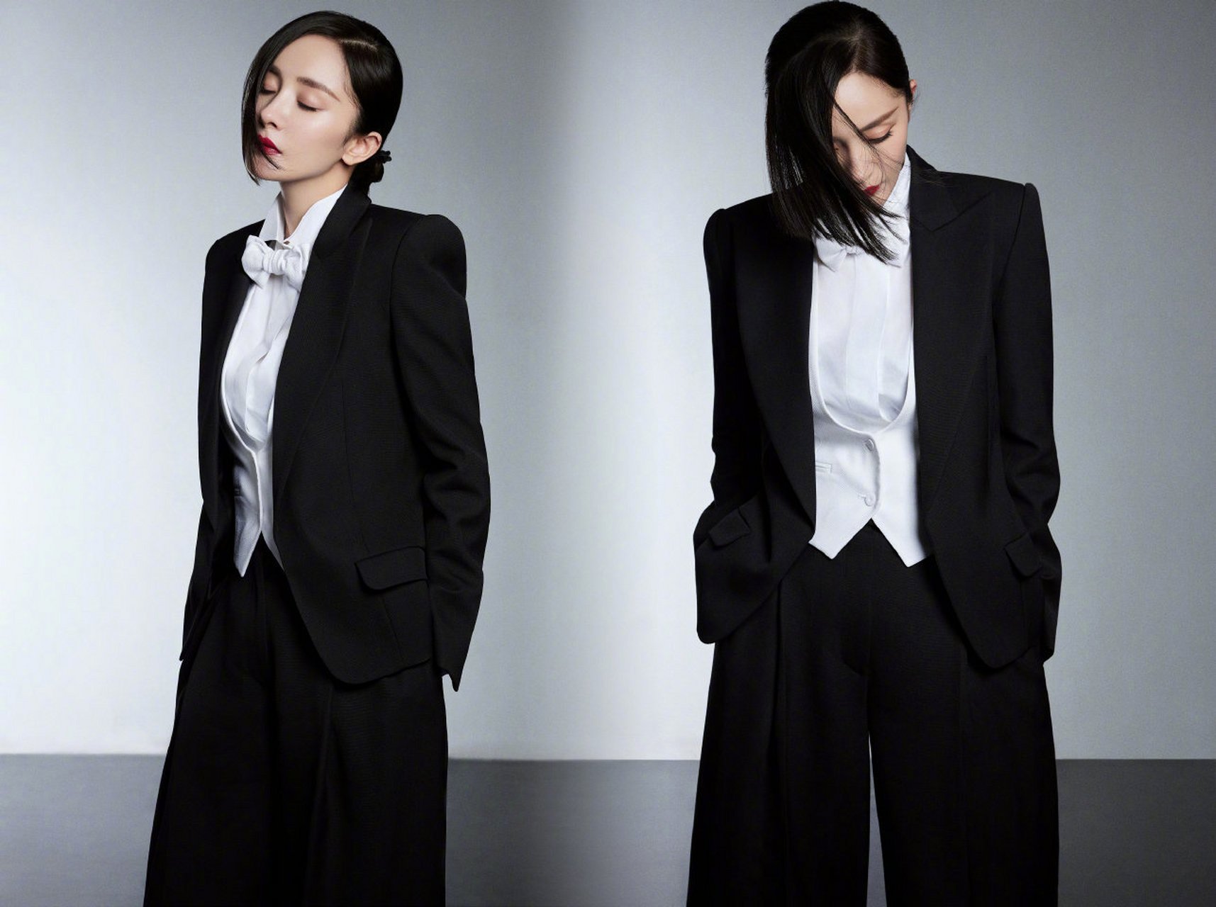 杨幂 全黑西装帅气酷飒,半面公主切搭配复古大檐帽67,摩登女郎造型