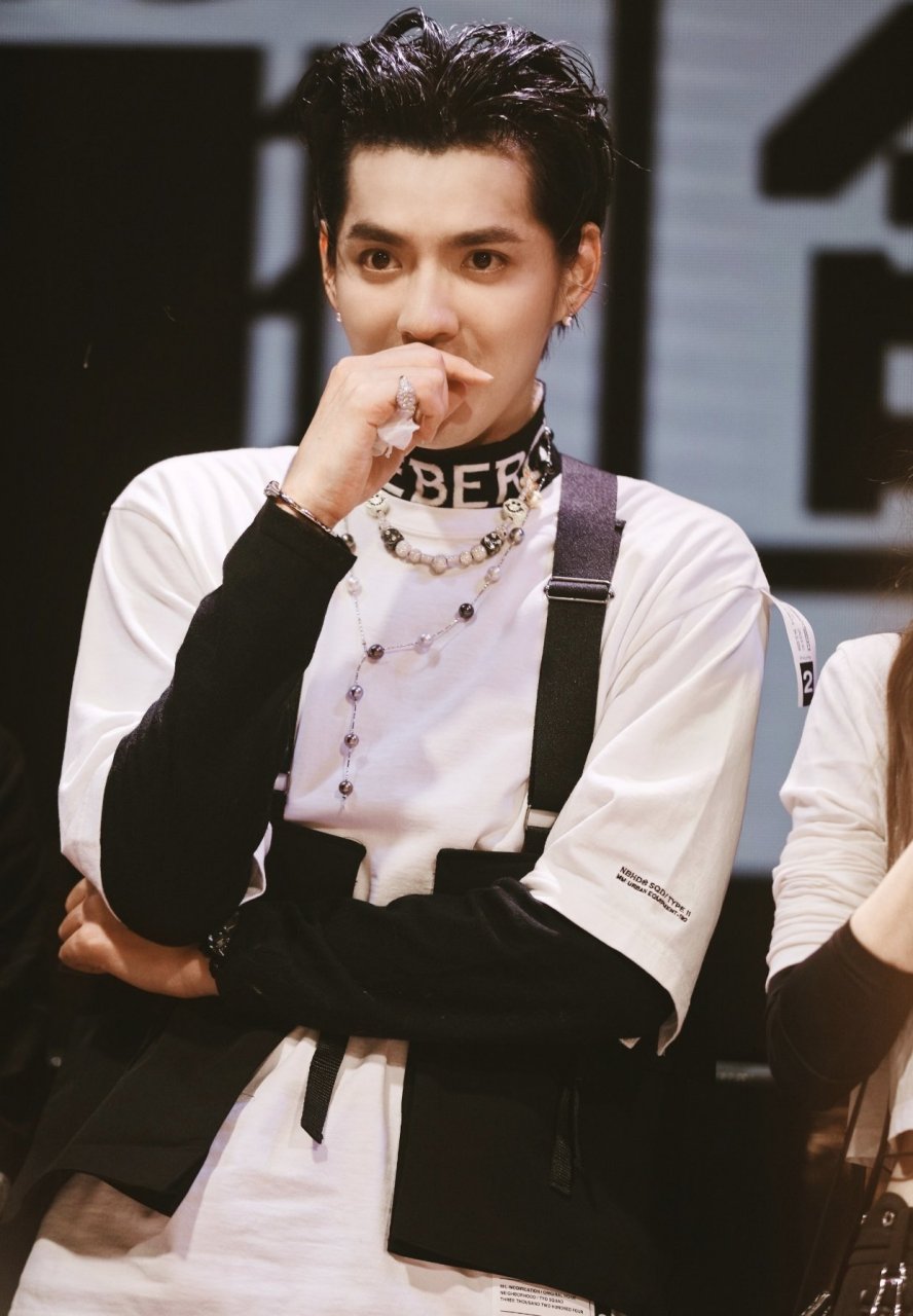 吴亦凡身着黑色高领毛衣,搭配白色t恤和豹纹短裤,帅气逼人,尽显潮流