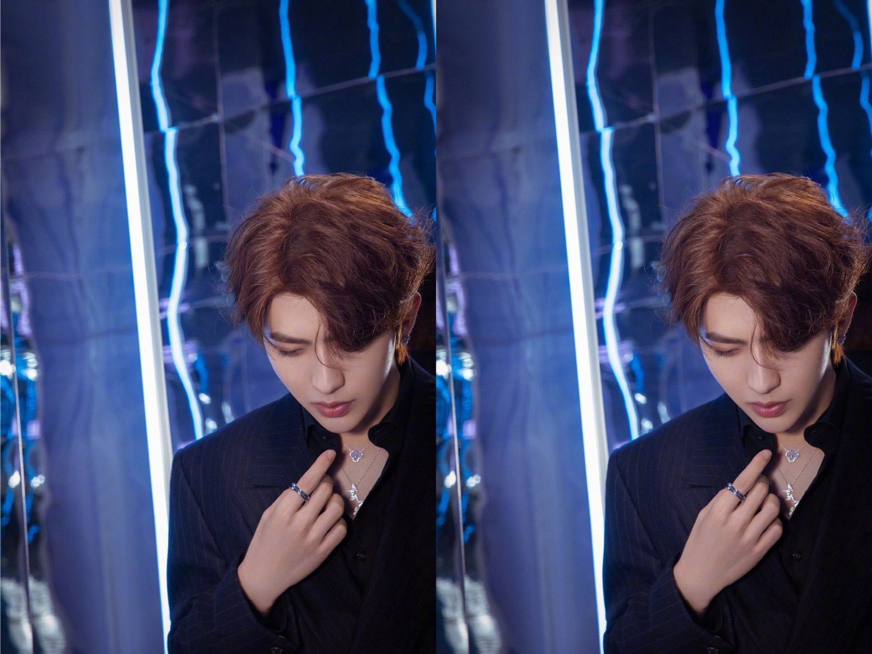 时尚研习社第六期# 蔡徐坤暗夜天台大片,深蓝色西装整体利落线条感