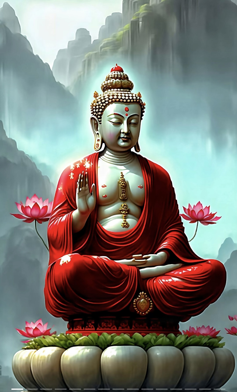 "跏趺坐于山巅莲台,一尊气势庄严的红佛像,矗立在晨曦之间.