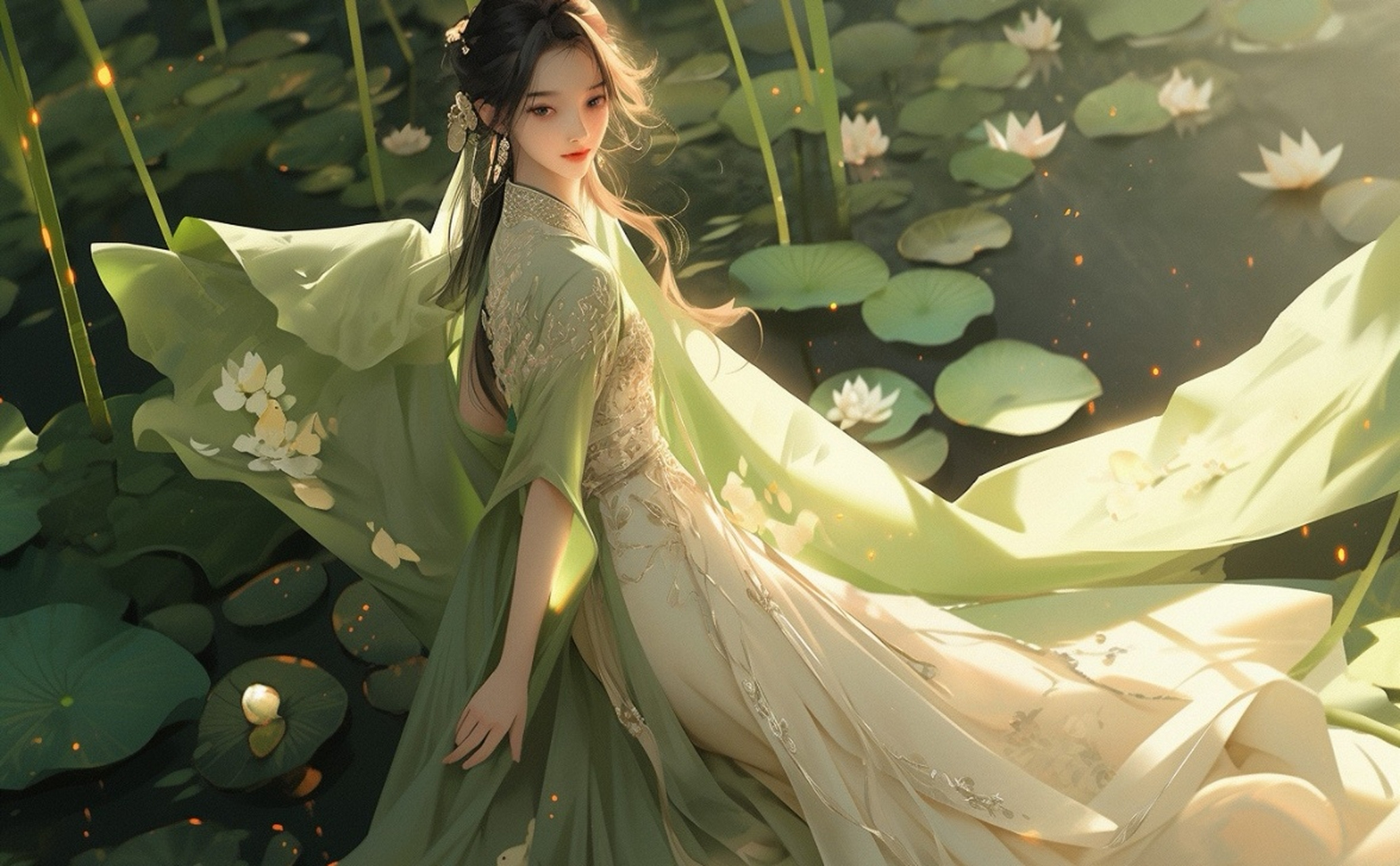 古风,绿衣情侣,恋恋青荷