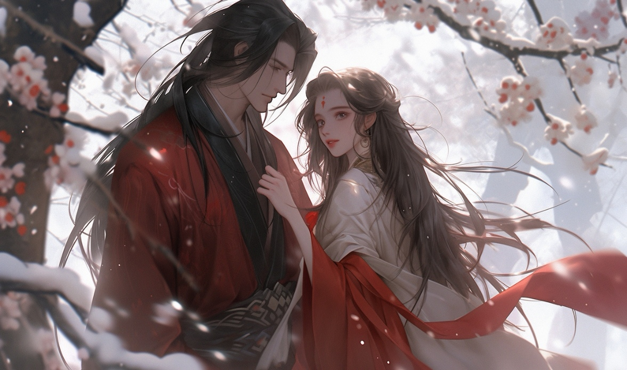 古风雪地红衣情侣