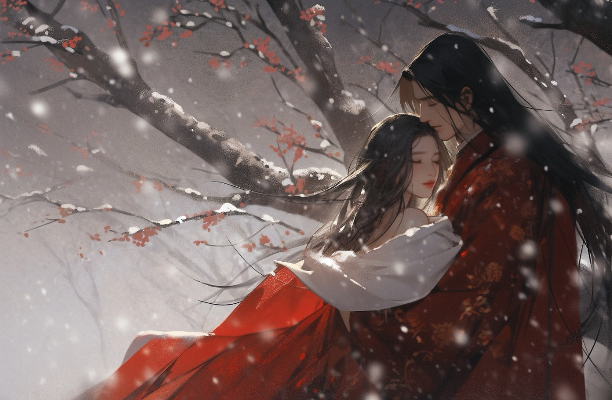 古风雪地红衣情侣