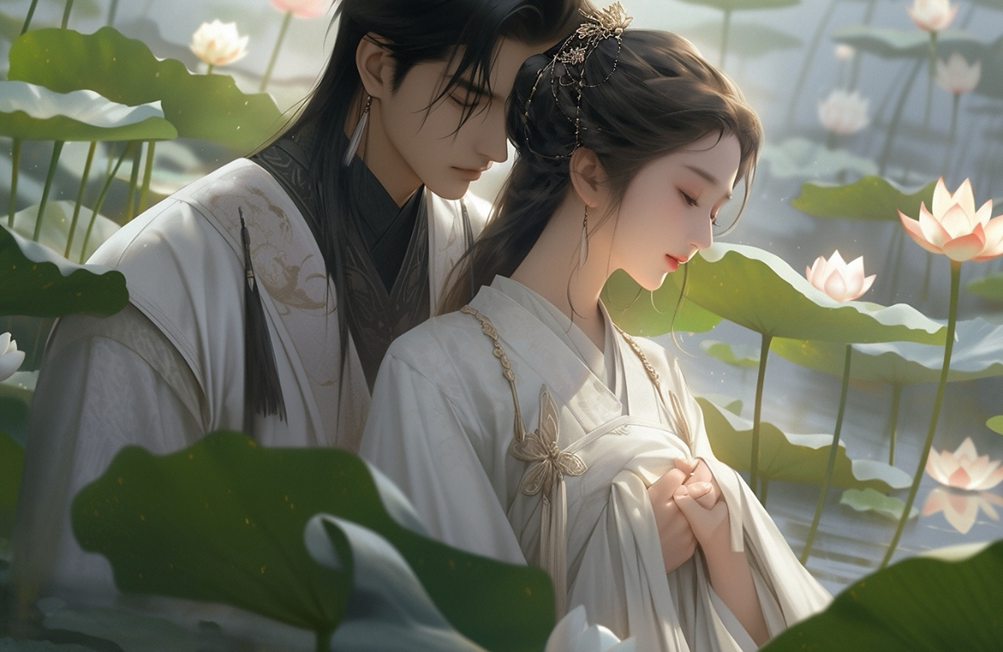 这对古代男女站在荷塘边,撑着伞,相互依靠,男的穿着古装,女的穿着淡