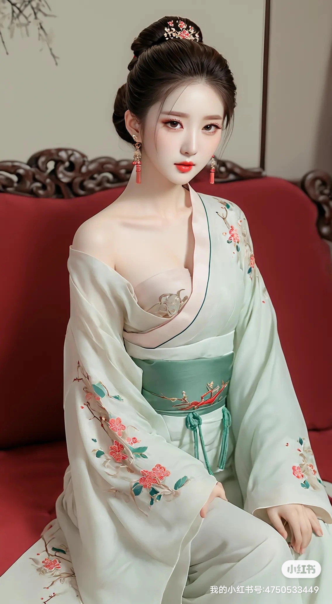 这个中国风美女真好看!她的绿色和服好精致,好像是从古代穿越过来的.