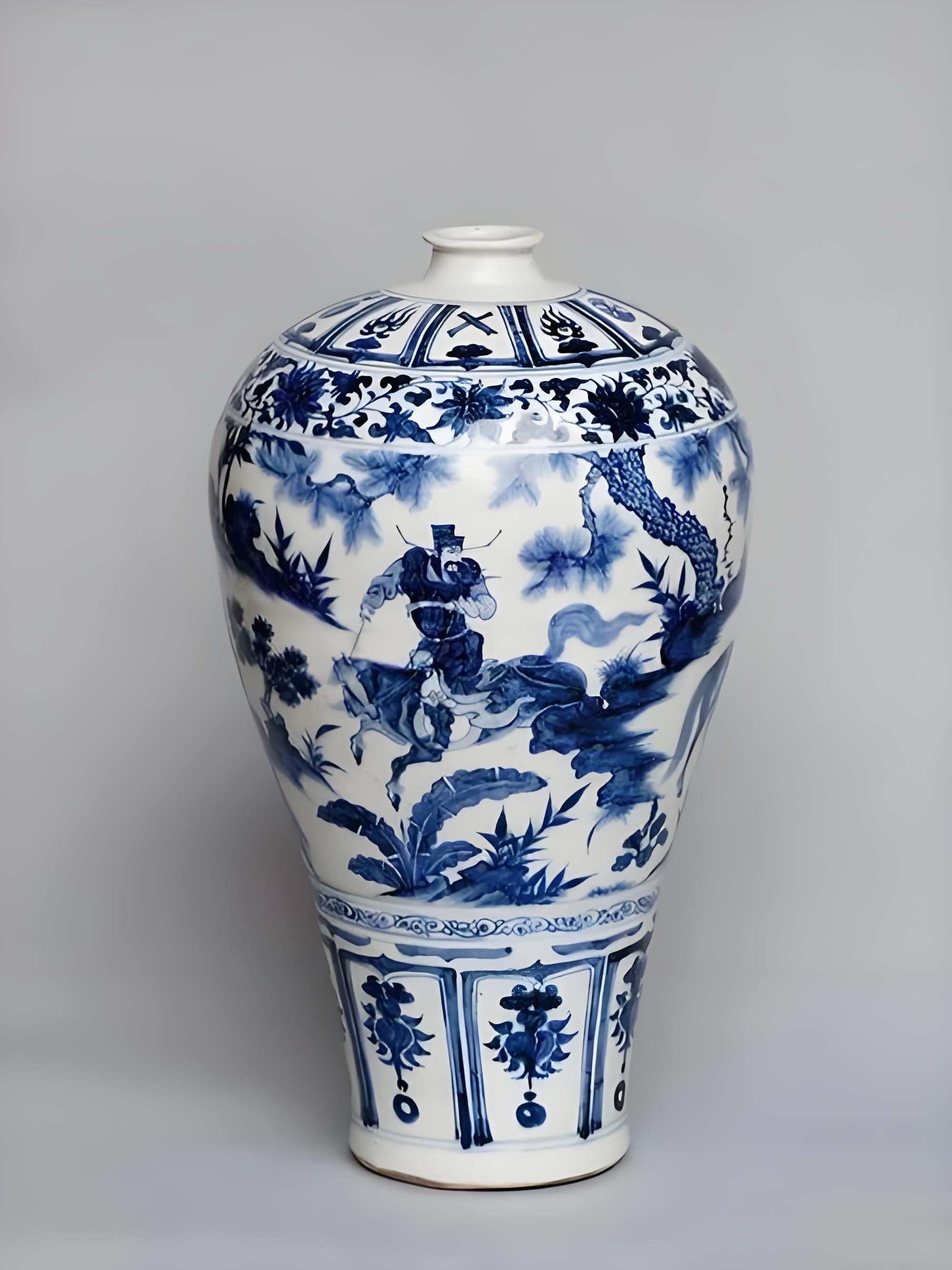 青花萧何月下追韩信图梅瓶 元青花萧何月下追韩信图梅瓶,元代瓷 