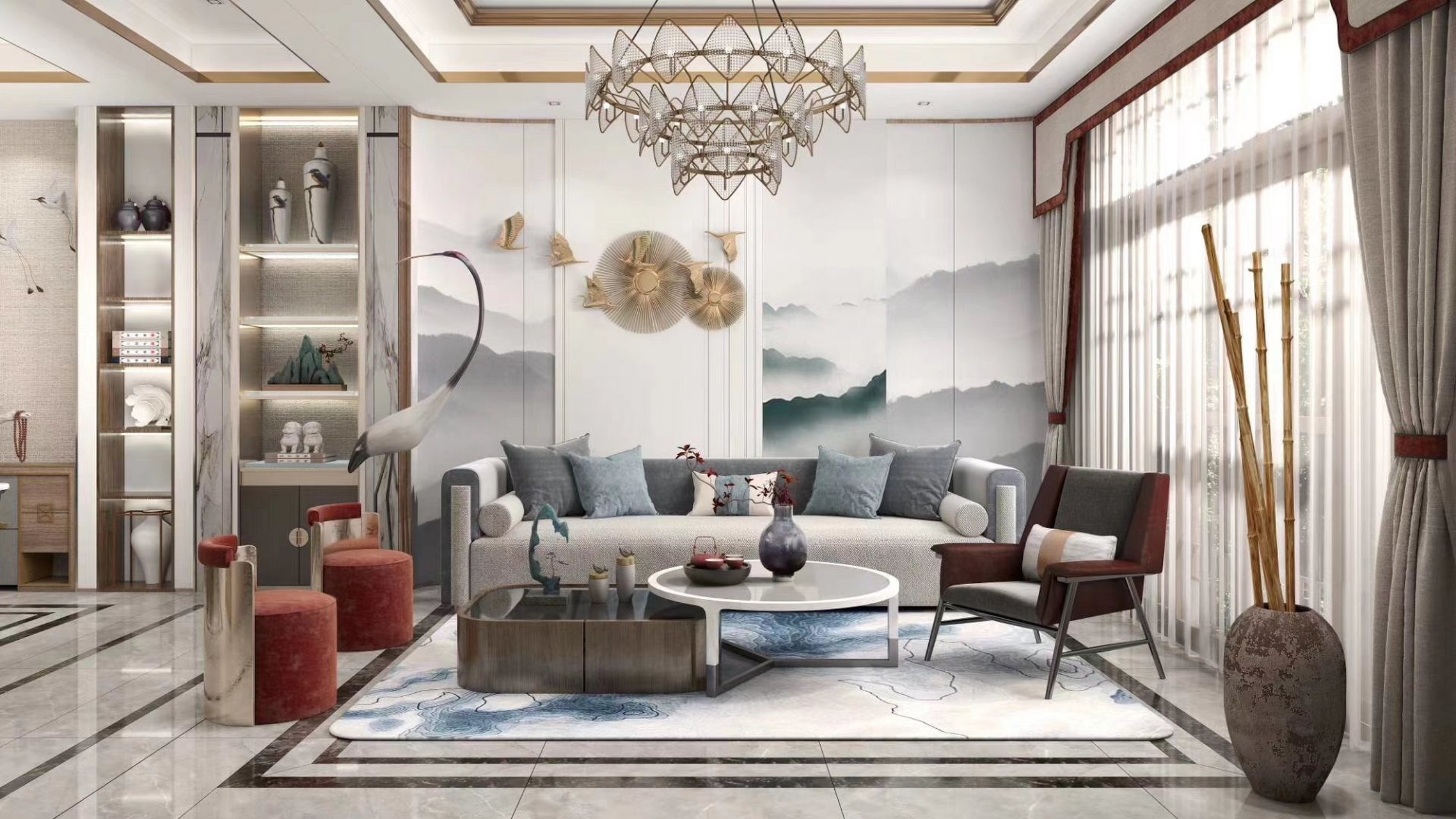 新中式 山水拟态的装饰手法,让空间中每个"山水"场景,释放出山水氤氲